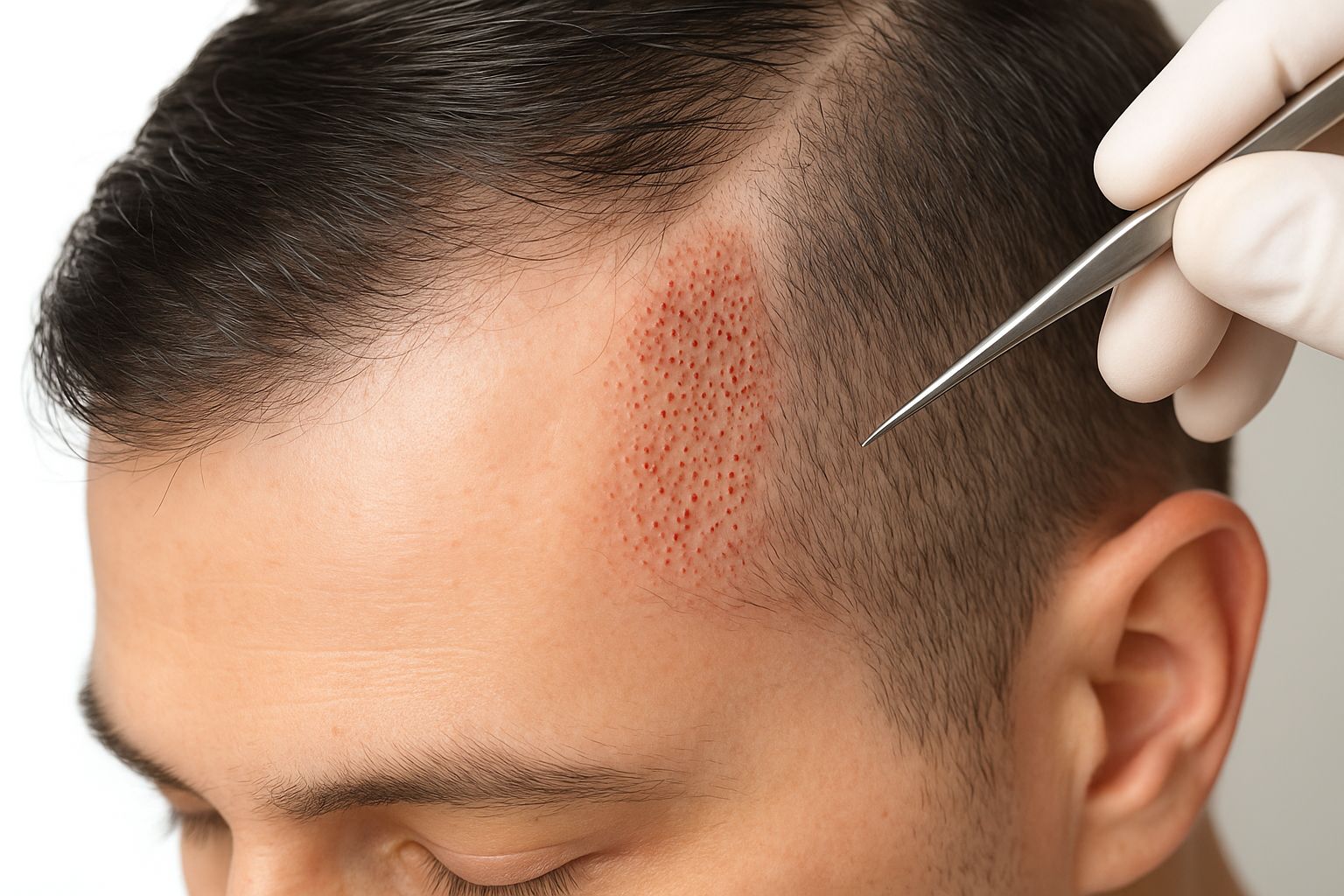 Nærbillede af en isse under hårtransplantation, der viser små indsnit og transplanterede follikler.