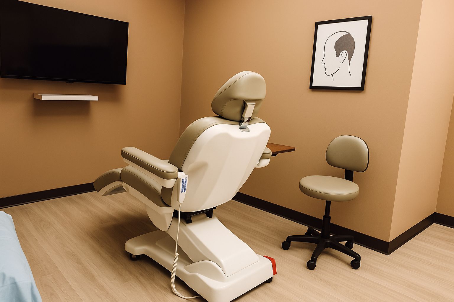 Kirurgisk rum klar til en hårtransplantation med moderne udstyr og en behandlingsstol.