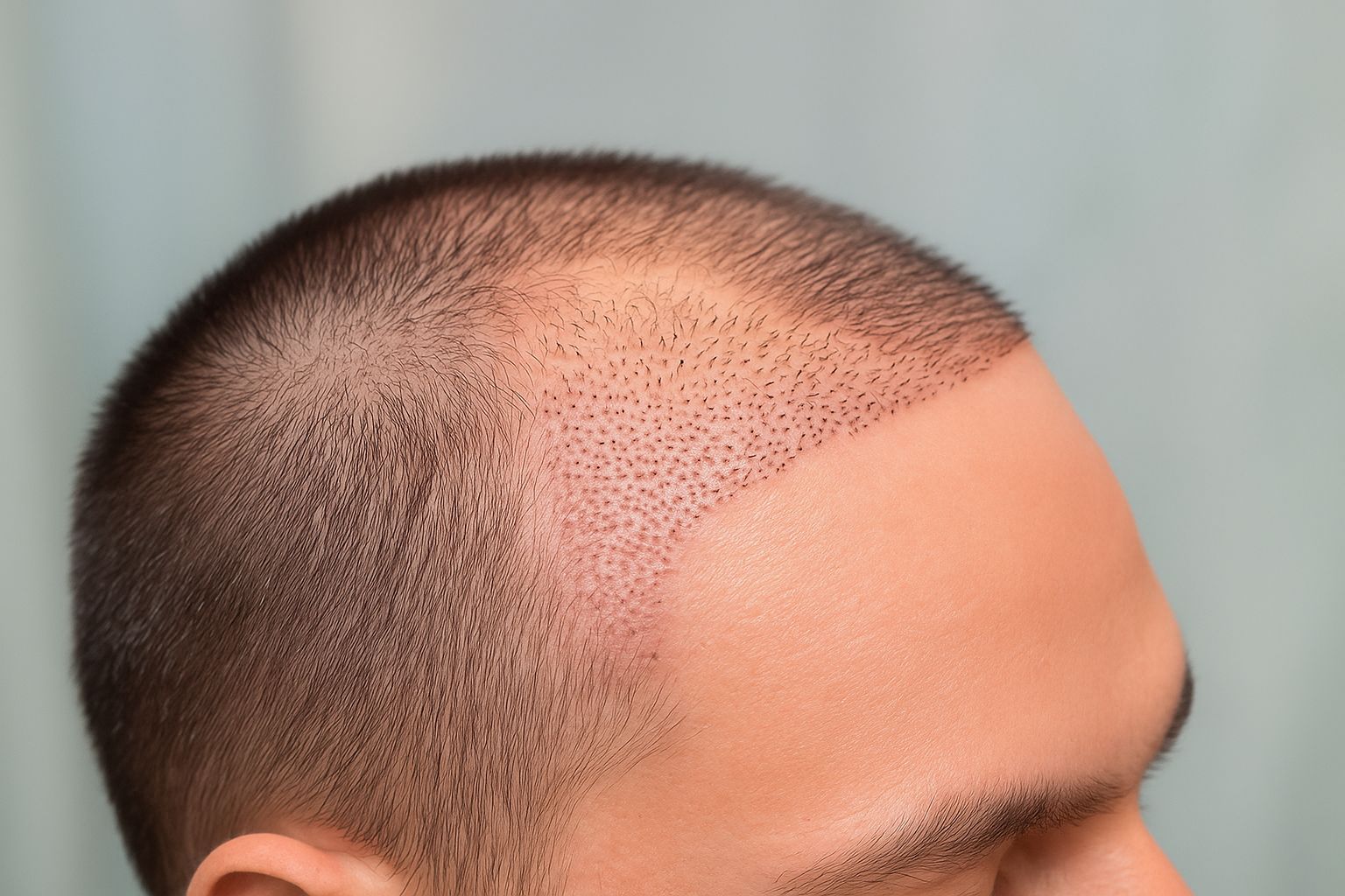 Nærbillede af hovedbund med røde pletter efter en hårtransplantation, der viser den nye hårvækst